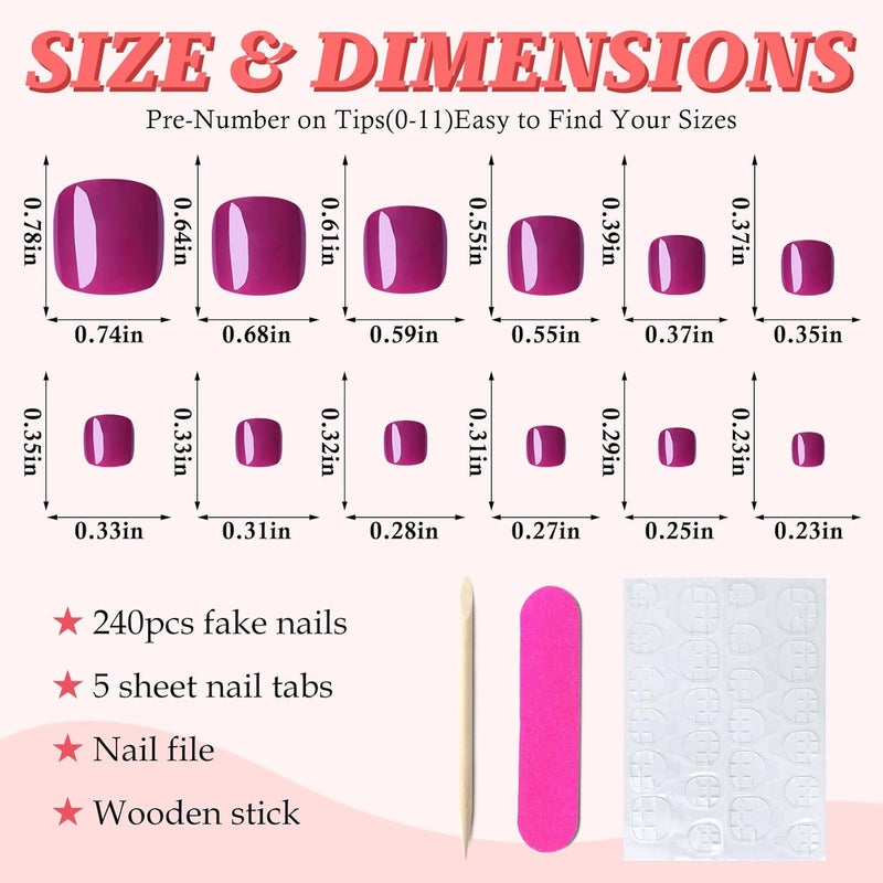 LuckForever 168pc Press on Toenails Women Fake Toe Nails with Adhesive Tabs, Magenta Fake Toenails Press on Nails Toe Acrylic Nail Tips Short Square False Toenail Artificial Toe Nails Press ons - Image 2